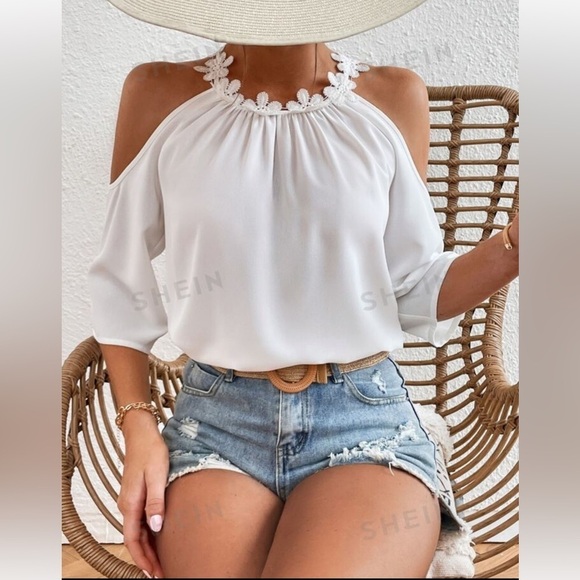 SHEIN Tops - SHEIN VCAY Guipure Lace Trim Cold Shoulder Blouse White Size L